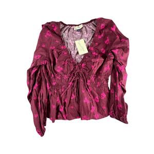 Universal Thread Shirt Womens Small Red Flowers Cinch V Neck Flowy Floral NWT